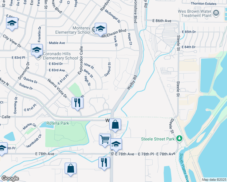 map of restaurants, bars, coffee shops, grocery stores, and more near 2259 Coronado Parkway North in Thornton