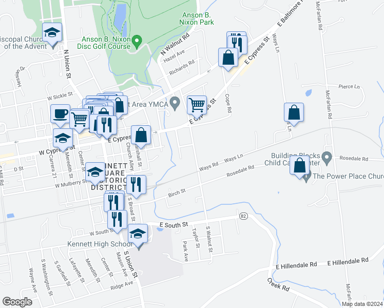 map of restaurants, bars, coffee shops, grocery stores, and more near 400 South Walnut Street in Kennett Square