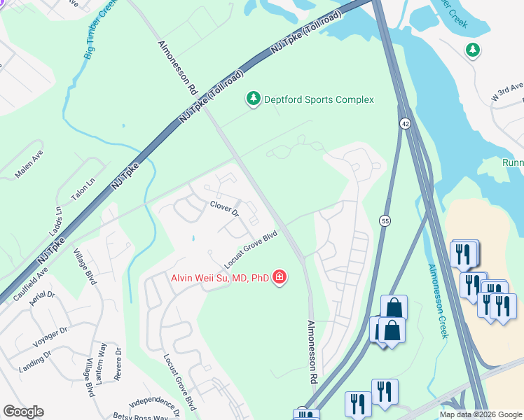 map of restaurants, bars, coffee shops, grocery stores, and more near 252 Steeplechase Court in Deptford