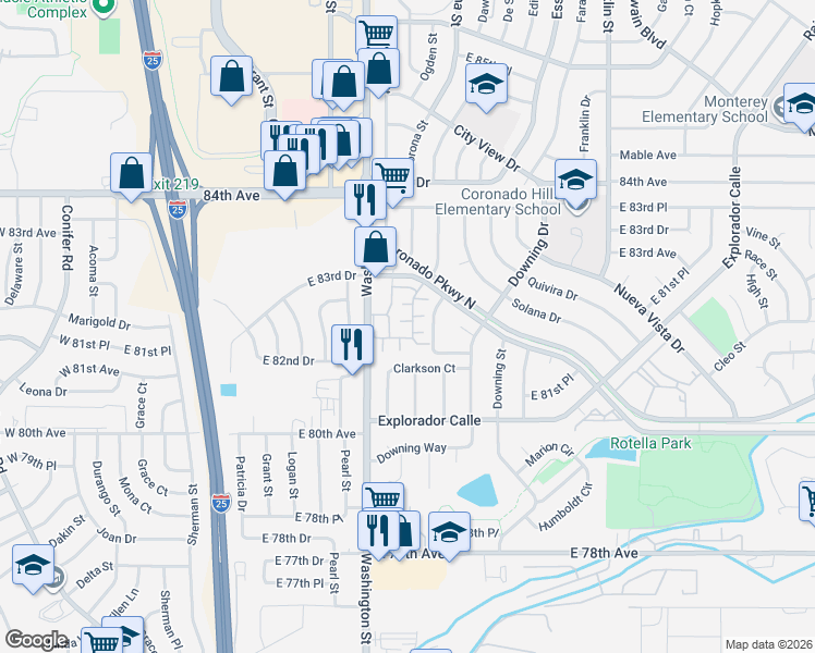 map of restaurants, bars, coffee shops, grocery stores, and more near 8136 Washington Street in Denver