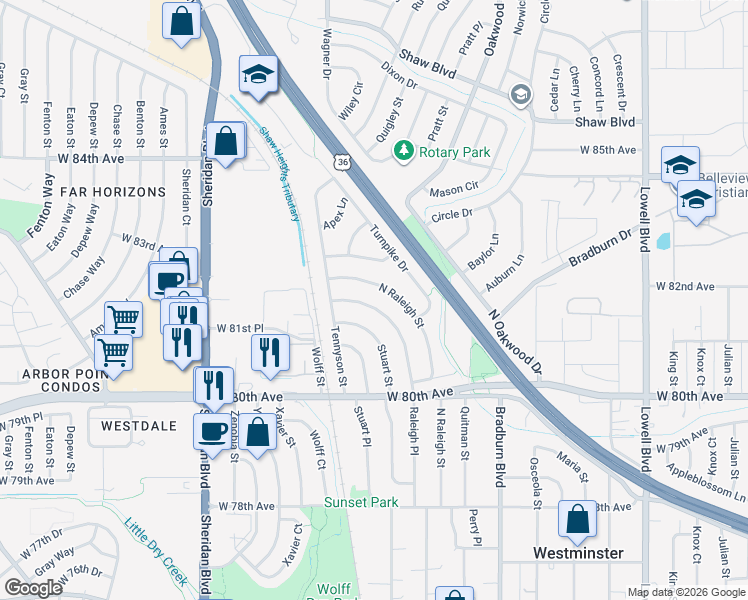 map of restaurants, bars, coffee shops, grocery stores, and more near 8171 Raleigh Place in Westminster