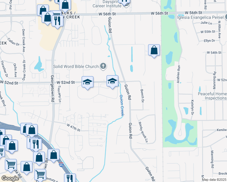 map of restaurants, bars, coffee shops, grocery stores, and more near 4301 West 52nd Street in Indianapolis