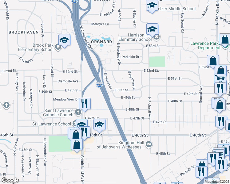 map of restaurants, bars, coffee shops, grocery stores, and more near 7304 East 49th Street in Indianapolis