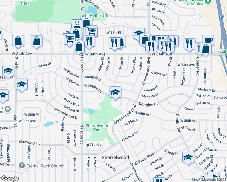 map of restaurants, bars, coffee shops, grocery stores, and more near 1229 Douglas Drive in Denver