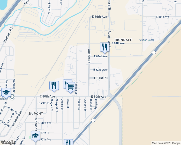 map of restaurants, bars, coffee shops, grocery stores, and more near 7370 East 82nd Avenue in Commerce City