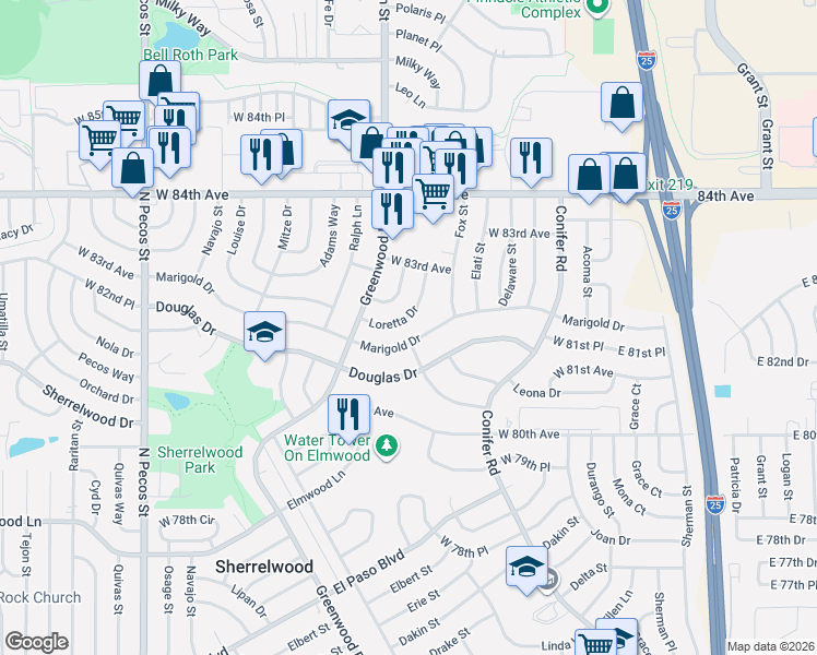 map of restaurants, bars, coffee shops, grocery stores, and more near 700 Marigold Drive in Denver
