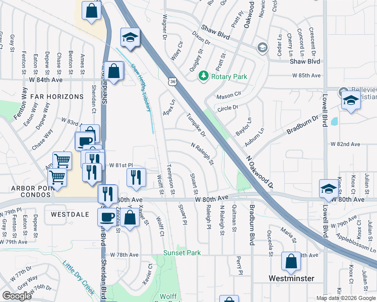 map of restaurants, bars, coffee shops, grocery stores, and more near 8171 Raleigh Place in Westminster