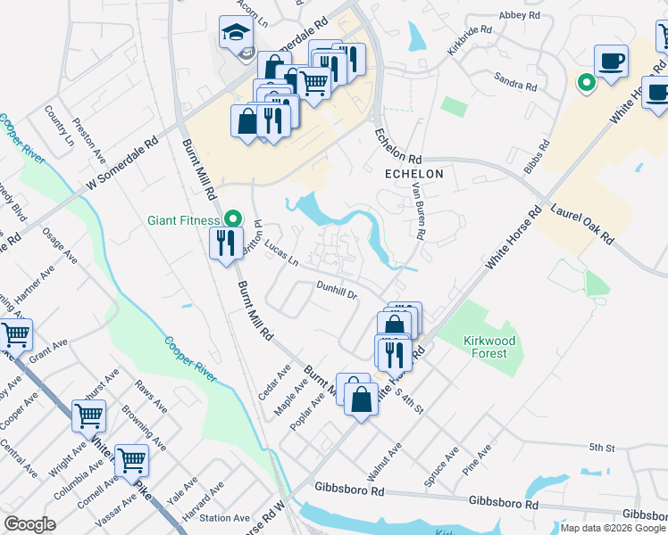 map of restaurants, bars, coffee shops, grocery stores, and more near 63 Dunhill Drive in Voorhees Township