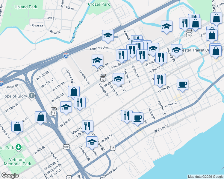 map of restaurants, bars, coffee shops, grocery stores, and more near 612 Lloyd Street in Chester