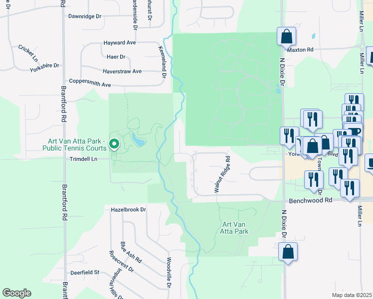 map of restaurants, bars, coffee shops, grocery stores, and more near 2950 Benchwood Road in Dayton