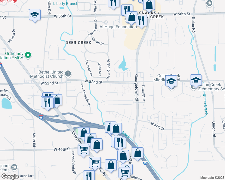 map of restaurants, bars, coffee shops, grocery stores, and more near 5000 North 5000 West in Indianapolis