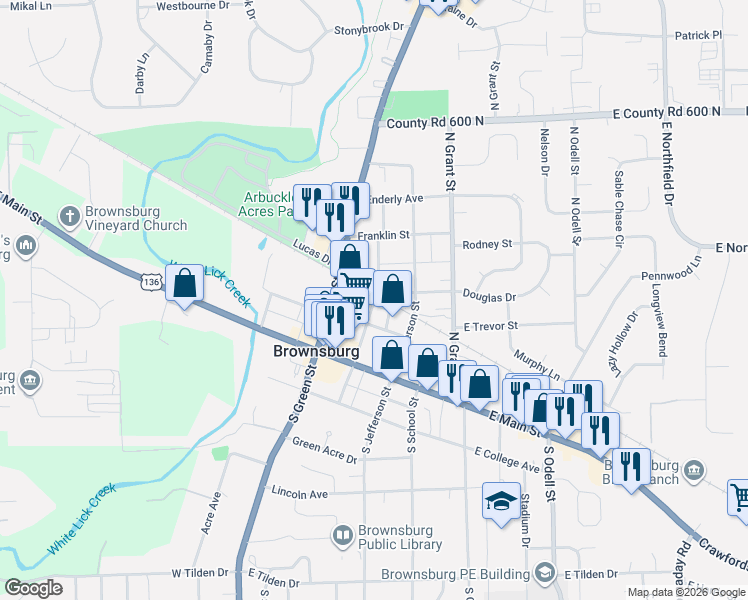 map of restaurants, bars, coffee shops, grocery stores, and more near 105 North Adams Street in Brownsburg