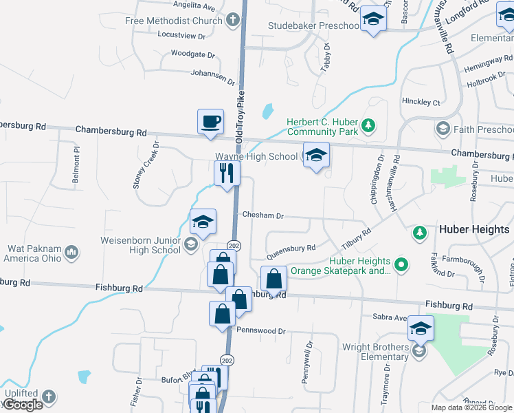 map of restaurants, bars, coffee shops, grocery stores, and more near 4928 Chesham Drive in Dayton