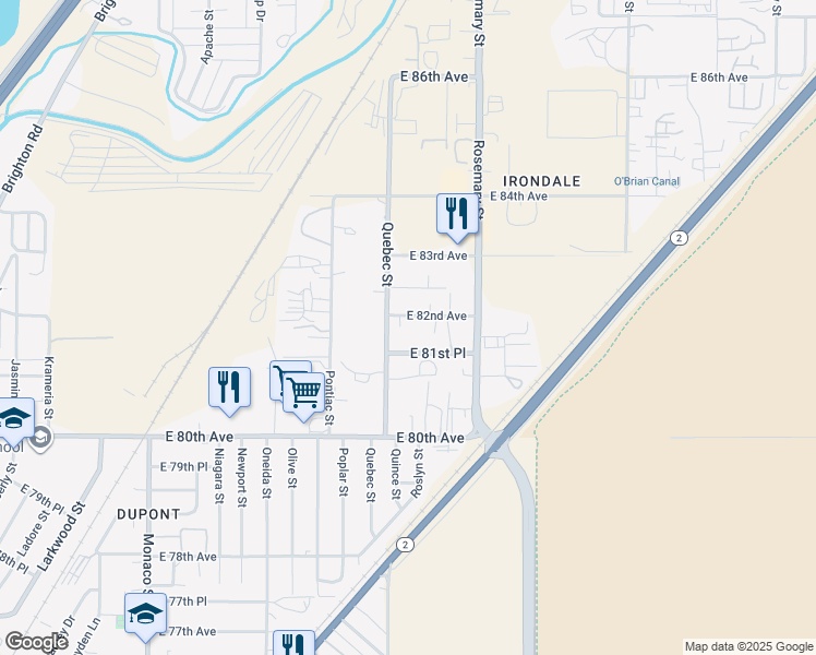 map of restaurants, bars, coffee shops, grocery stores, and more near 7370 East 82nd Avenue in Commerce City