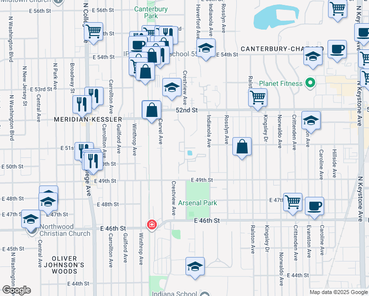 map of restaurants, bars, coffee shops, grocery stores, and more near 5016 Lemans Drive in Indianapolis