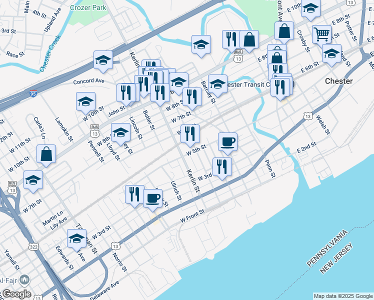 map of restaurants, bars, coffee shops, grocery stores, and more near 616 West 5th Street in Chester