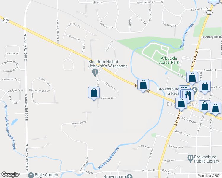 map of restaurants, bars, coffee shops, grocery stores, and more near 435 Elizabeth Lane in Brownsburg