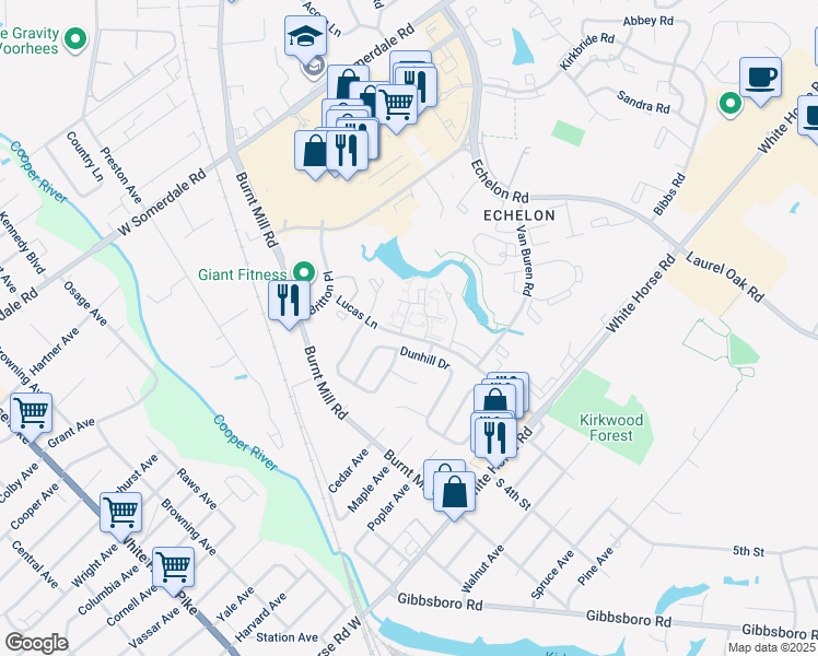 map of restaurants, bars, coffee shops, grocery stores, and more near 4603 Daniel Lane in Voorhees Township