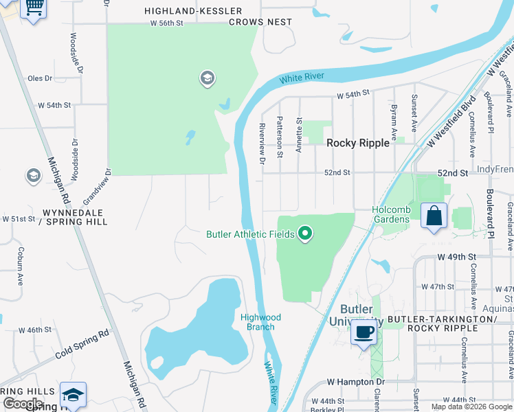 map of restaurants, bars, coffee shops, grocery stores, and more near 5108 Riverview Drive in Indianapolis