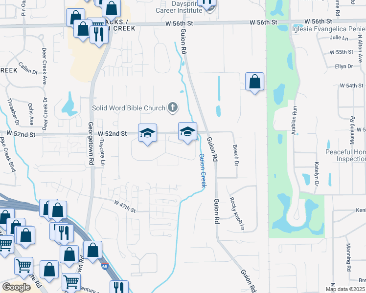 map of restaurants, bars, coffee shops, grocery stores, and more near 4301 West 52nd Street in Indianapolis