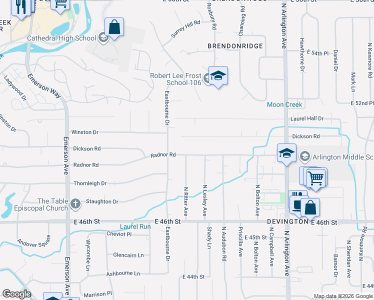 map of restaurants, bars, coffee shops, grocery stores, and more near 5511 Radnor Road in Indianapolis