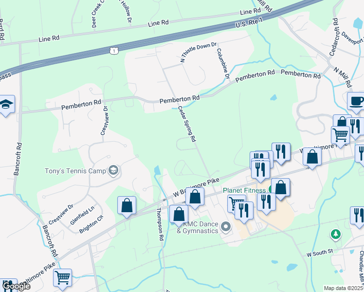 map of restaurants, bars, coffee shops, grocery stores, and more near 600 Cedar Woods Circle in Kennett Square