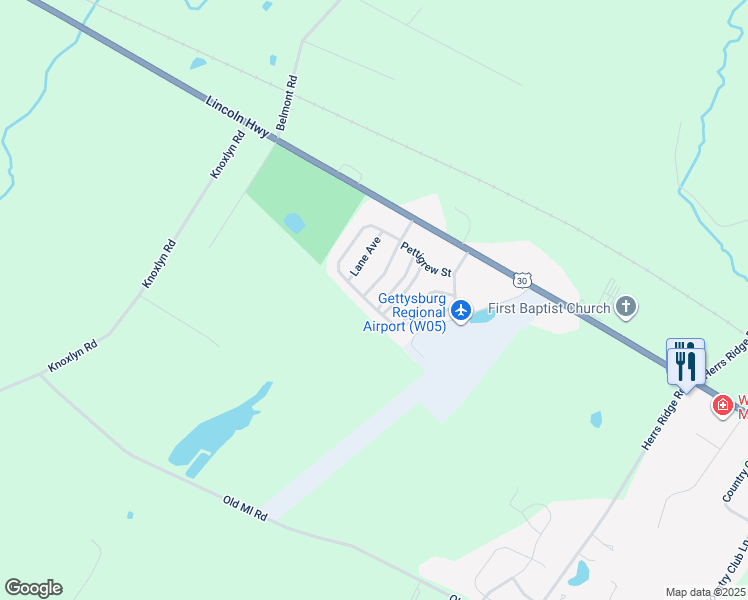 map of restaurants, bars, coffee shops, grocery stores, and more near 45 Pegram Street in Gettysburg