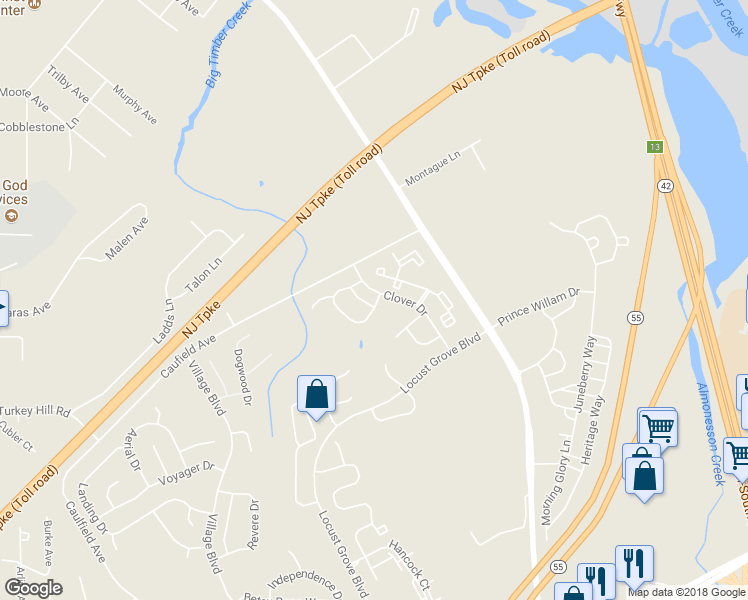 map of restaurants, bars, coffee shops, grocery stores, and more near 121 Carriage Way in Deptford Township