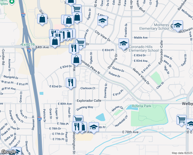 map of restaurants, bars, coffee shops, grocery stores, and more near 980 Coronado Parkway South in Thornton