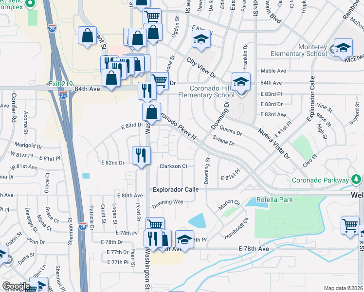 map of restaurants, bars, coffee shops, grocery stores, and more near 980 Coronado Parkway South in Thornton