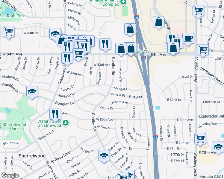 map of restaurants, bars, coffee shops, grocery stores, and more near 189 West 81st Place in Denver