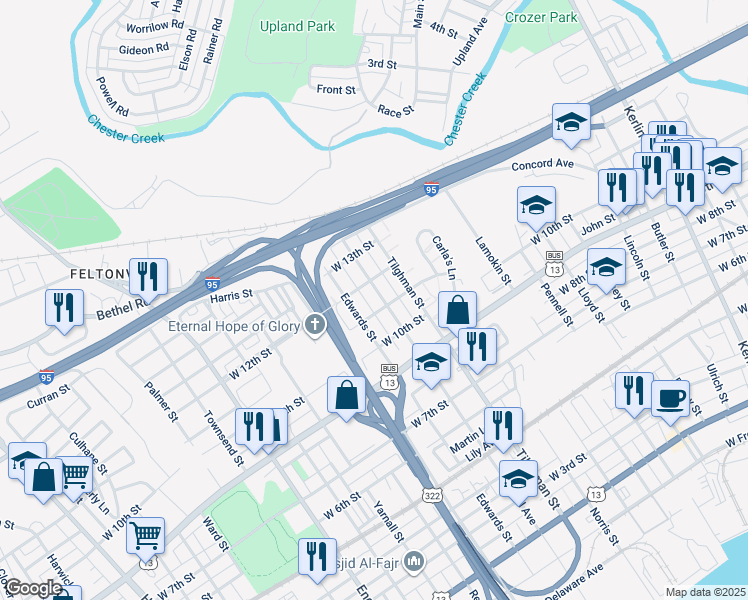 map of restaurants, bars, coffee shops, grocery stores, and more near 1110 Central Avenue in Chester