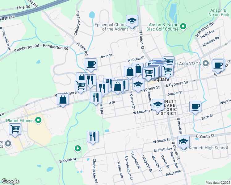 map of restaurants, bars, coffee shops, grocery stores, and more near 600 West Cypress Street in Kennett Square