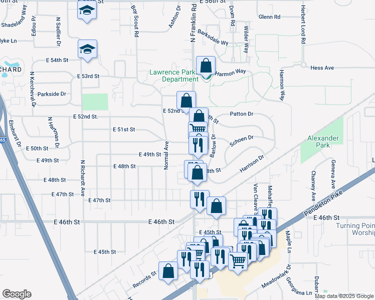 map of restaurants, bars, coffee shops, grocery stores, and more near 7949 East 49th Street in Indianapolis