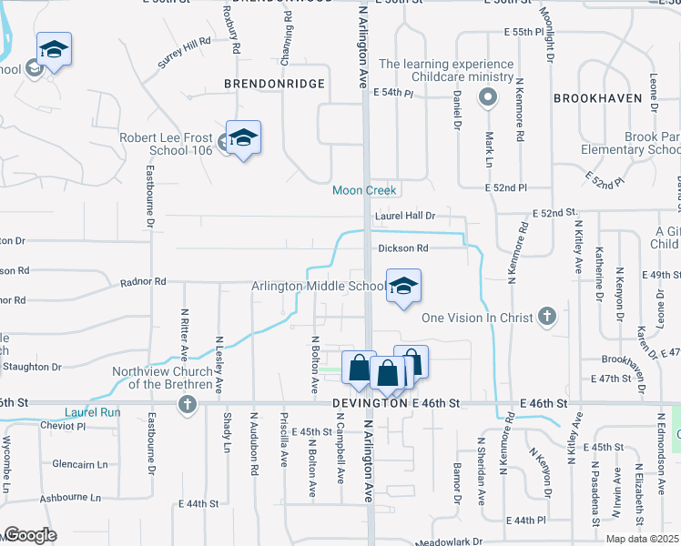 map of restaurants, bars, coffee shops, grocery stores, and more near 5917 Radnor Road in Indianapolis