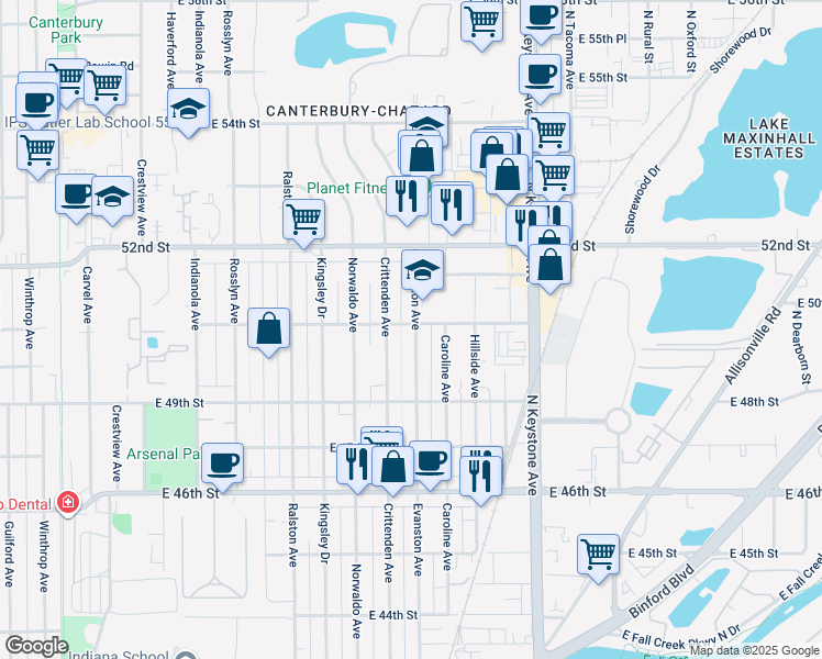 map of restaurants, bars, coffee shops, grocery stores, and more near 5016 Evanston Avenue in Indianapolis