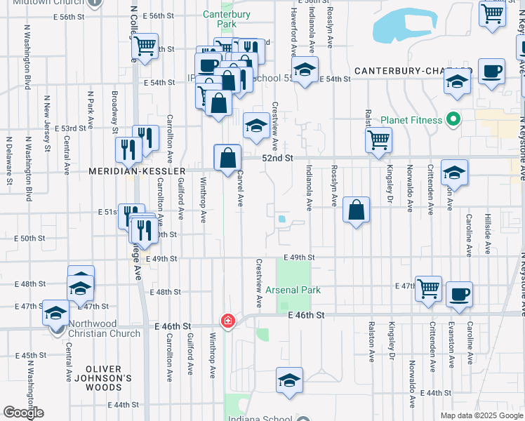 map of restaurants, bars, coffee shops, grocery stores, and more near 5016 Lemans Drive in Indianapolis
