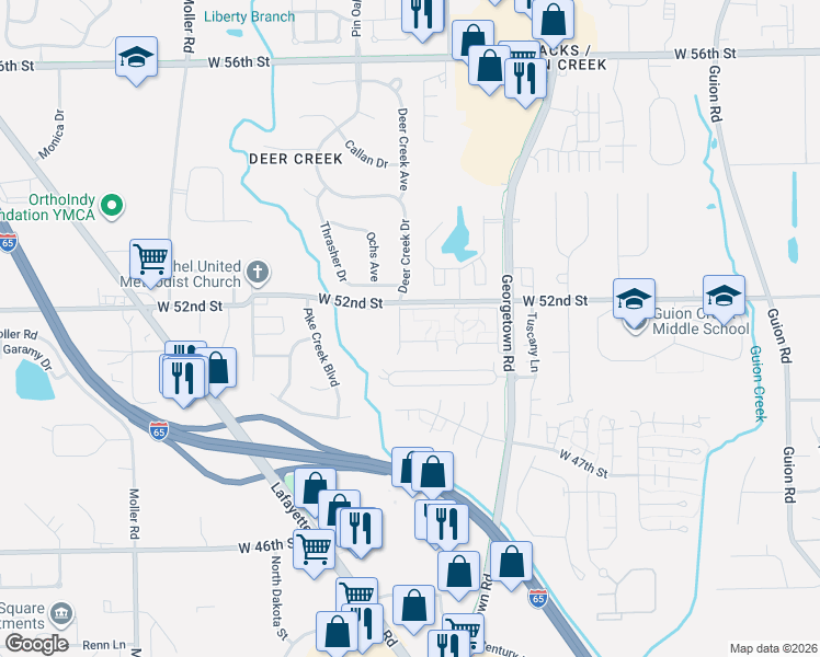 map of restaurants, bars, coffee shops, grocery stores, and more near 5000 North 5000 West in Indianapolis