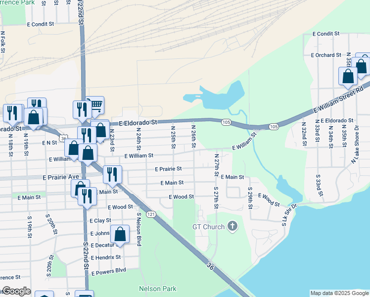 map of restaurants, bars, coffee shops, grocery stores, and more near 2541 East William Street in Decatur