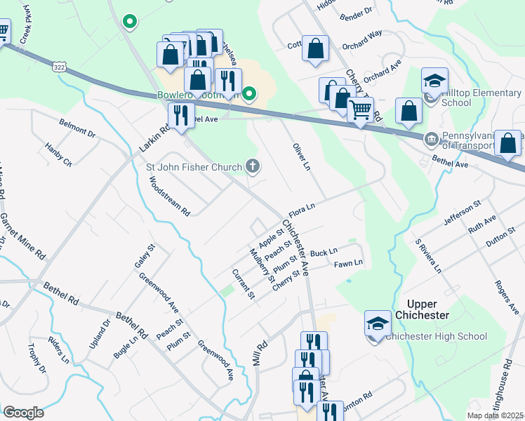 map of restaurants, bars, coffee shops, grocery stores, and more near 4130 Chichester Avenue in Upper Chichester