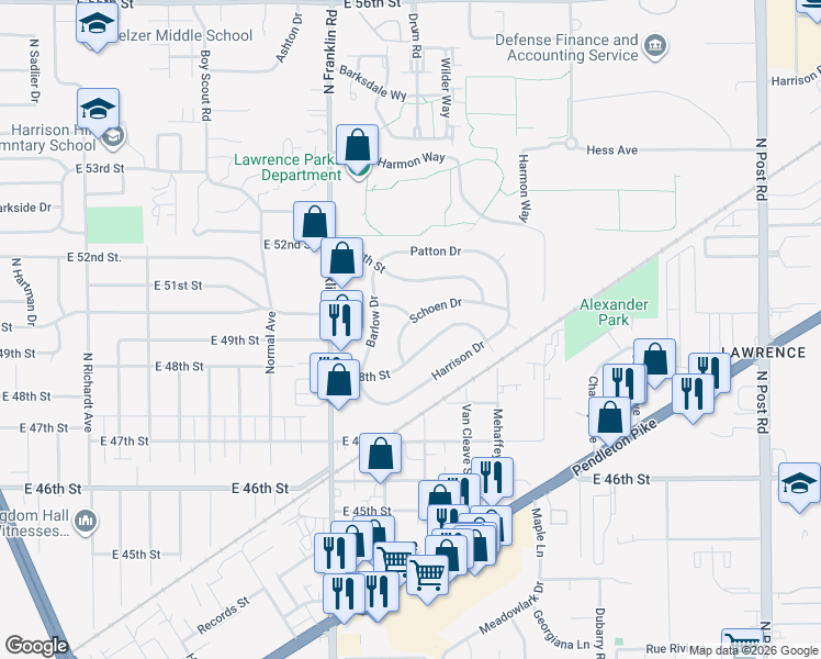 map of restaurants, bars, coffee shops, grocery stores, and more near 8145 East 48th Street in Lawrence