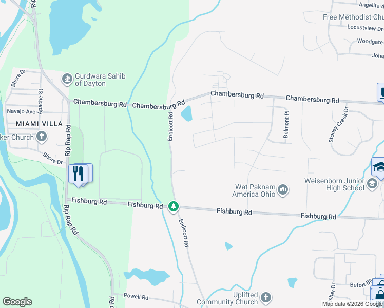 map of restaurants, bars, coffee shops, grocery stores, and more near 6124 Endicott Road in Dayton