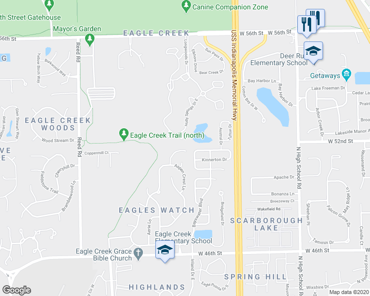 map of restaurants, bars, coffee shops, grocery stores, and more near 5154 Aspen Talon Court in Indianapolis