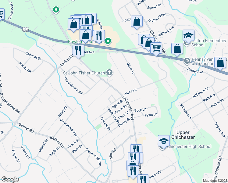 map of restaurants, bars, coffee shops, grocery stores, and more near 4130 Chichester Avenue in Upper Chichester