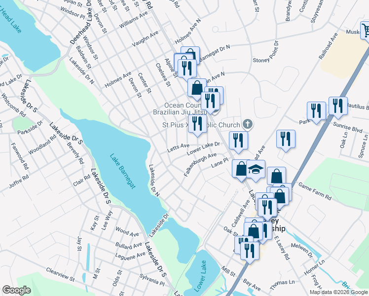 map of restaurants, bars, coffee shops, grocery stores, and more near 242 Lower Lake Drive in Lacey Township