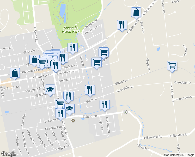 map of restaurants, bars, coffee shops, grocery stores, and more near 318 Walnut Court Way in Kennett Square