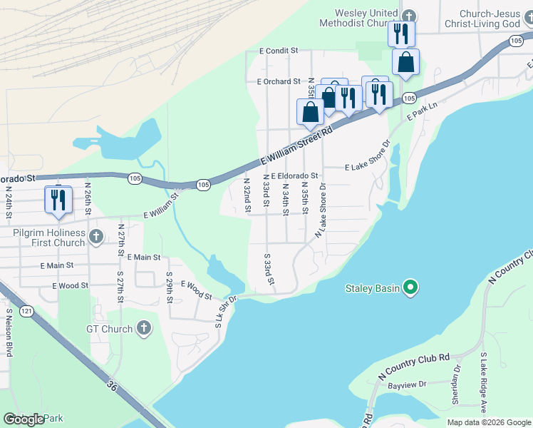 map of restaurants, bars, coffee shops, grocery stores, and more near 301 North 33rd Street in Decatur