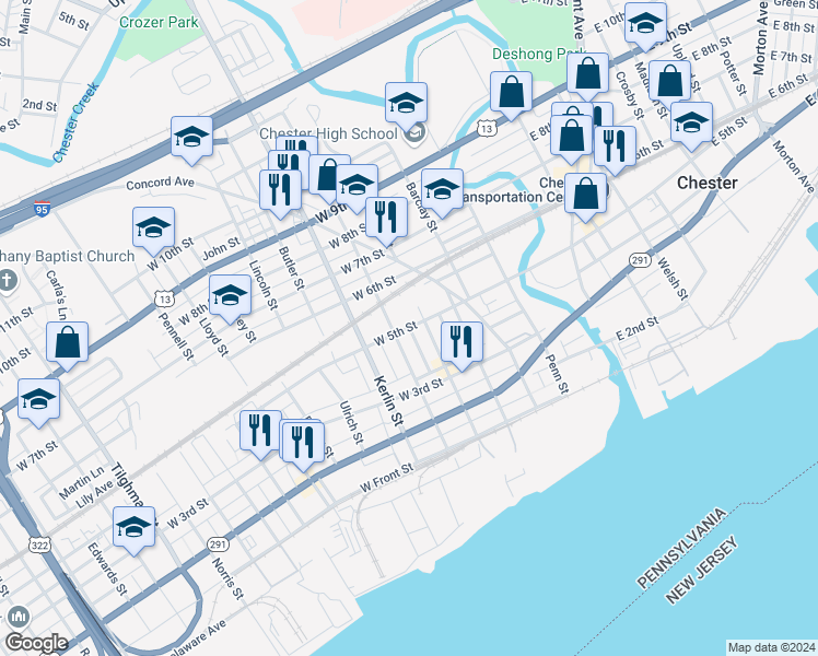 map of restaurants, bars, coffee shops, grocery stores, and more near West 5th Street in Chester