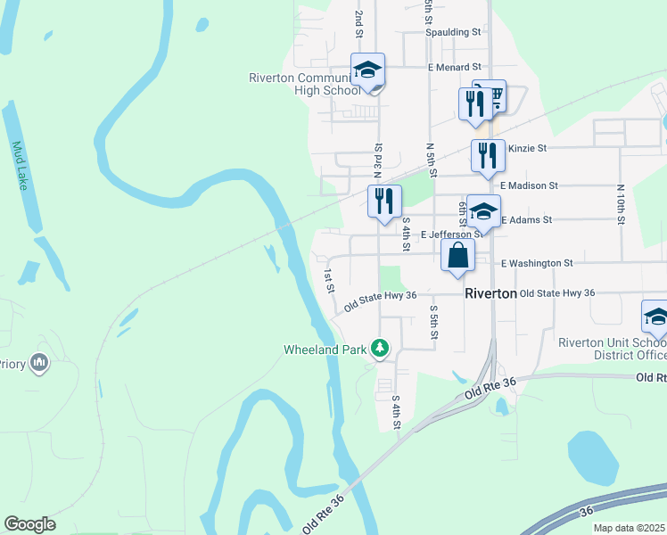 map of restaurants, bars, coffee shops, grocery stores, and more near 158 1st Street in Riverton