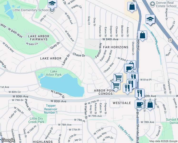 map of restaurants, bars, coffee shops, grocery stores, and more near 5786 West 81st Place in Arvada